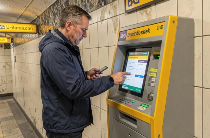 Touriste achetant un ticket aux bornes automatiques du métro BVG Berlin