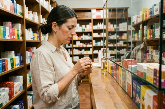 Femme examinant un flacon de parfum dans une pharmacie espagnole traditionnelle à Séville
