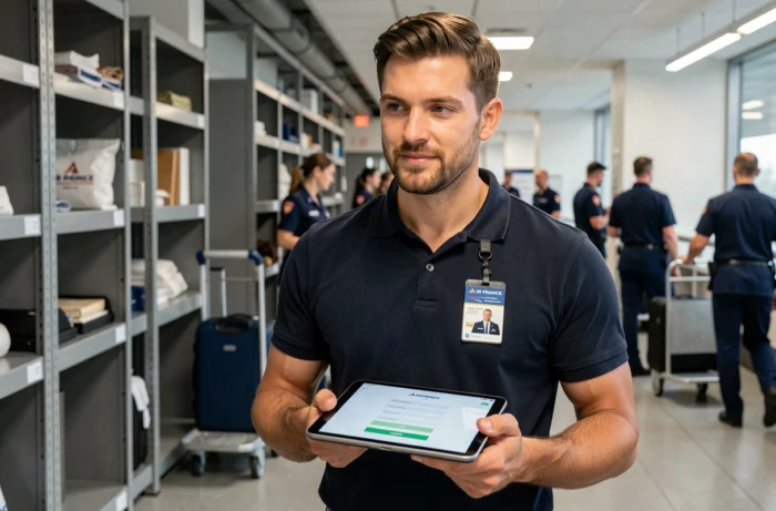 Agent Air France accédant au portail Intralignes depuis une tablette dans un couloir d'aéroport