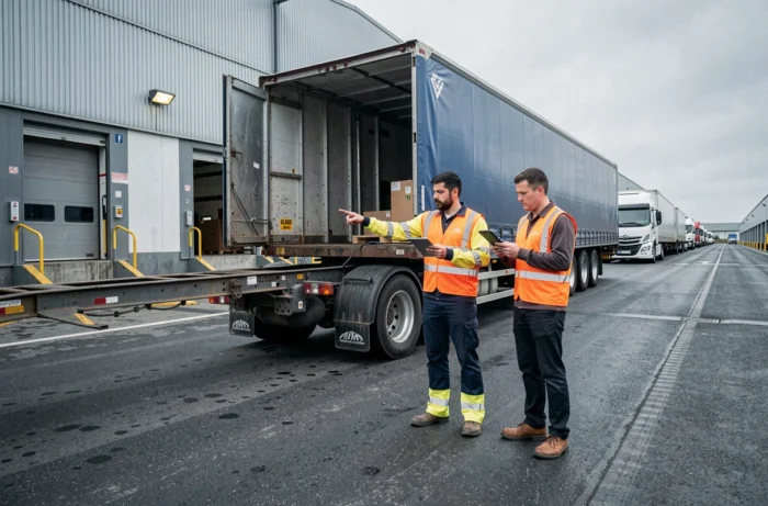 Deux agents de fret en gilets haute visibilité effectuant une inspection de marchandises près d'un camion semi-remorque dans une zone logistique portuaire