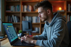 Jeune homme analysant son historique d'achats Valorant sur un ordinateur portable dans un bureau gaming à domicile
