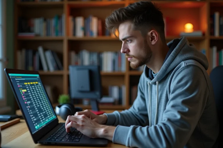 Jeune homme analysant son historique d'achats Valorant sur un ordinateur portable dans un bureau gaming à domicile