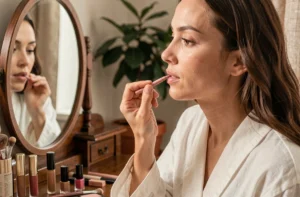 Femme appliquant un crayon à lèvres nude devant un miroir de coiffeuse, conseils maquillage rouge à lèvres