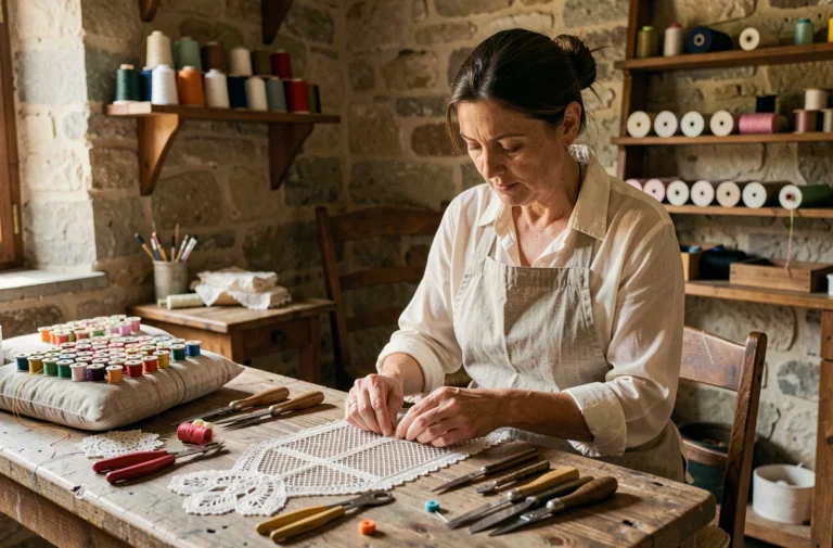 Artisane en dentelle aux fuseaux travaillant dans un atelier traditionnel avec des outils anciens et des fils colorés