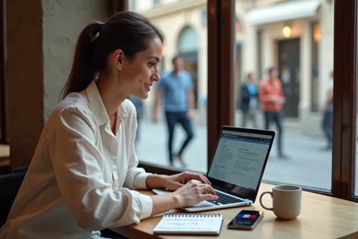 Femme comparant des offres d'assurance santé internationale depuis son ordinateur dans un café