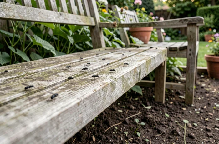 Petites bêtes noires sauteuses visibles sur un banc de jardin en bois et dans la terre environnante