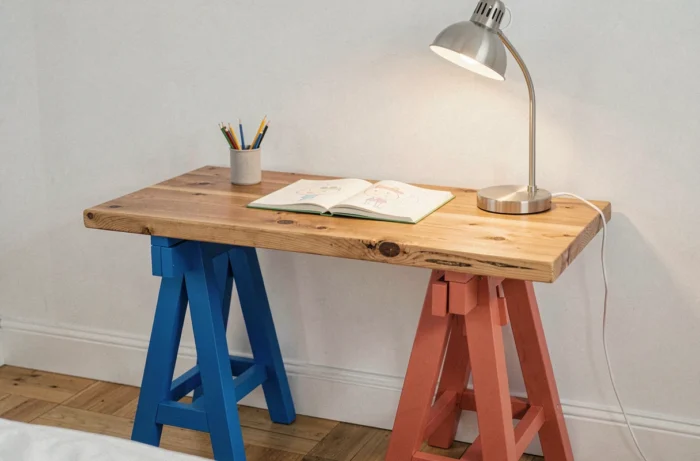 Bureau personnalisé avec plateau en bois brut posé sur des tréteaux colorés bleu et terracotta dans une chambre de garçon