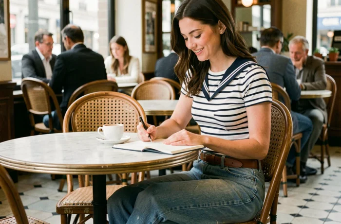 Jeune femme en jean taille haute portant une ceinture sans trou en cuir cognac dans un café parisien