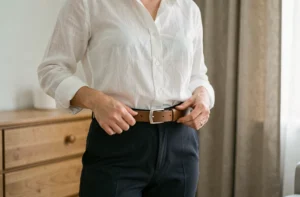 Femme ajustant une ceinture sans trou à boucle ratchet sur un pantalon slim noir dans une chambre minimaliste
