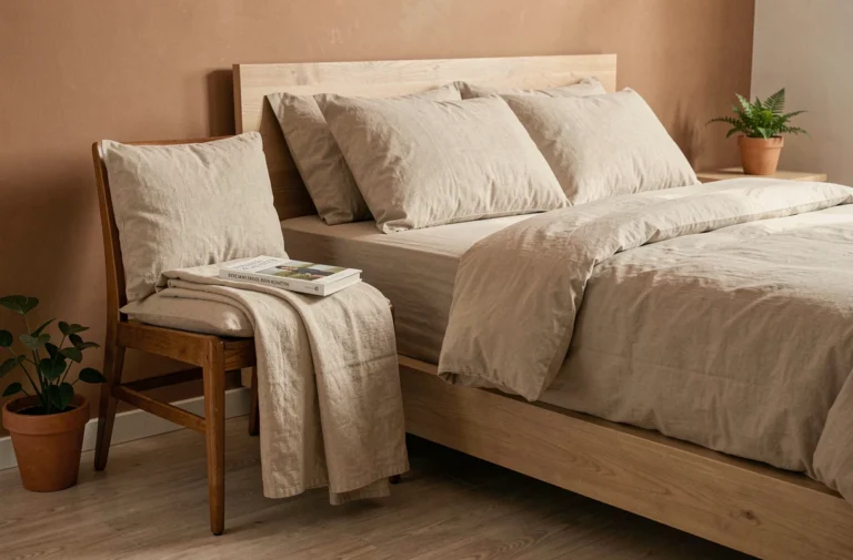 Chaise en bois placée à côté d'un lit dans une chambre moderne et cosy avec linge neutre et plante verte