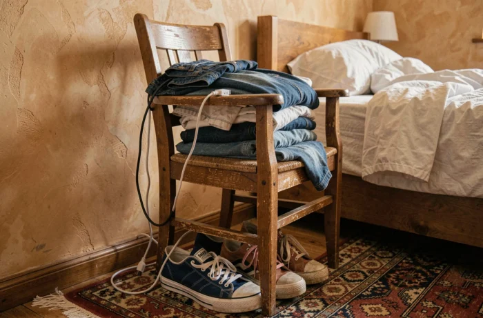 Chaise en bois encombrée de vêtements posée à côté d'un lit, illustration du mauvais usage des chaises dans une chambre