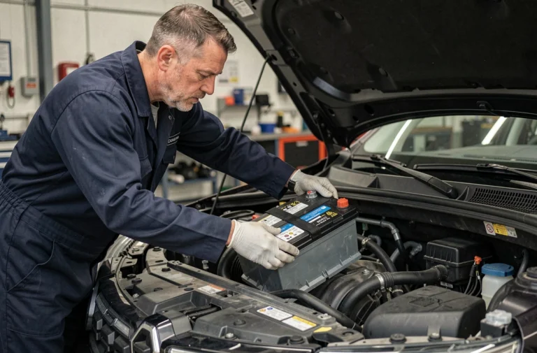 Mécanicien en train de retirer la batterie d'une Dacia Jogger dans un atelier automobile