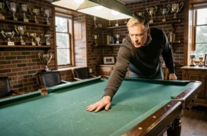Homme vérifiant la température et la qualité du tapis d'une table de billard dans une salle de jeu chaleureuse