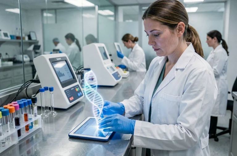 Chercheuse en médecine analysant une représentation holographique d'ADN dans un laboratoire high-tech moderne, illustrant les innovations en santé numérique