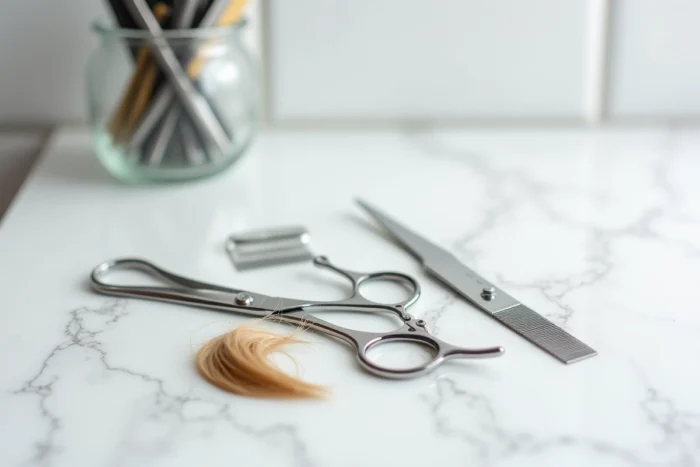 Ciseaux effileurs professionnels et peigne de coiffure posés sur un plan de travail en marbre blanc