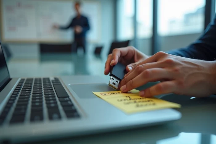 Mains insérant une clé USB inconnue dans un ordinateur portable, symbole de risque d'infection informatique