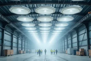 Installation de panneaux de refroidissement adiabatique en céramique dans un entrepôt industriel avec travailleurs en dessous