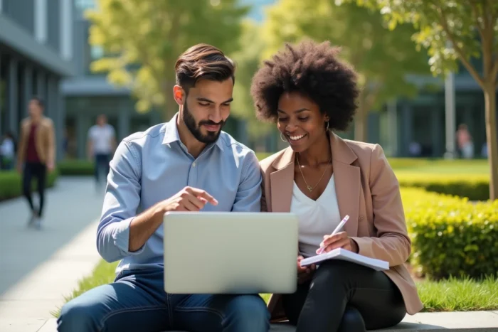 Deux jeunes collègues de cultures différentes collaborant ensemble en extérieur sur un campus d'entreprise, exemple concret de comportement inclusif au travail