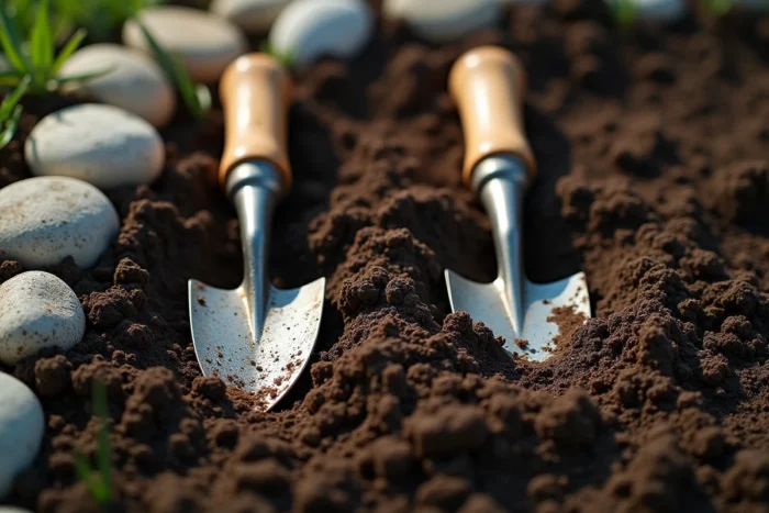 Vue rapprochée d'une binette et d'une serfouette posées côte à côte sur la terre d'un jardin, montrant les détails des outils