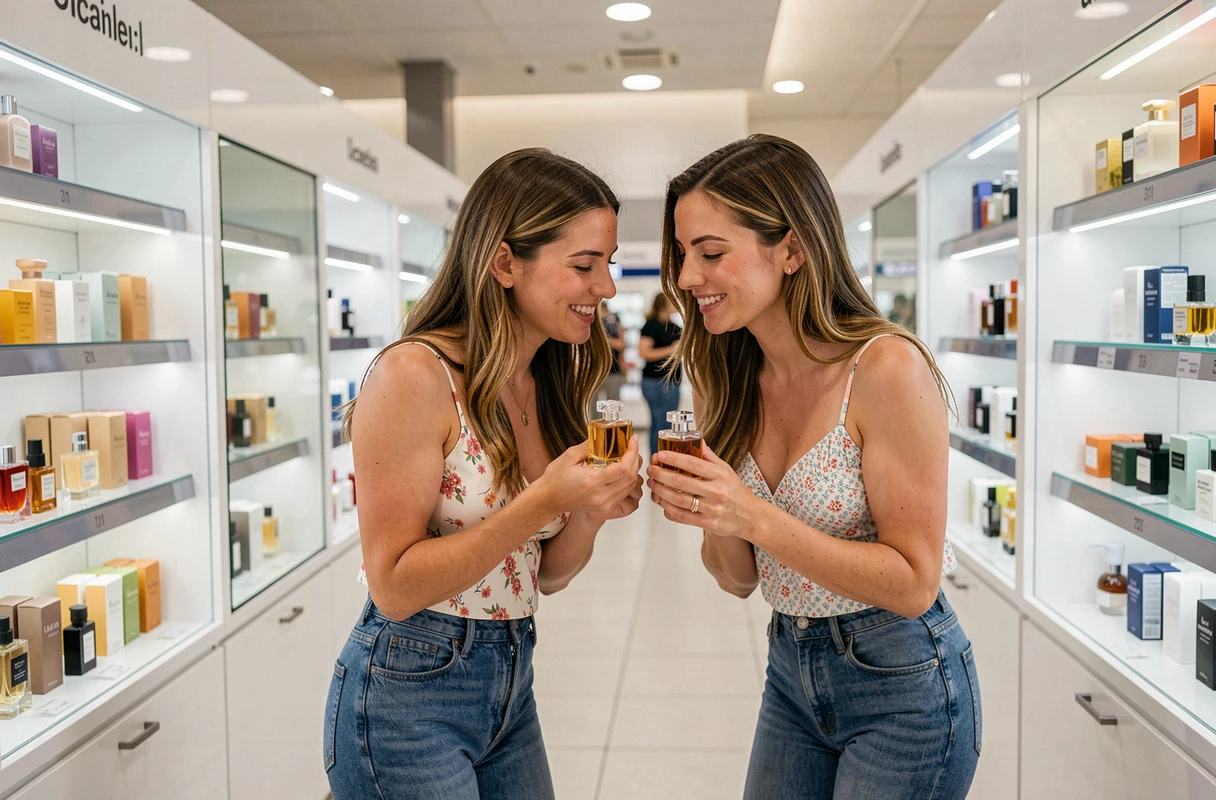 Deux femmes comparant des parfums dans un duty-free d'aéroport espagnol