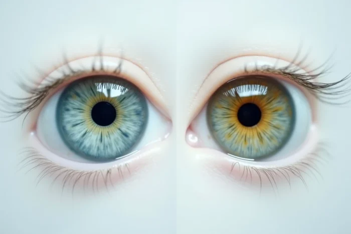 Comparaison photographique de deux yeux humains avec hétérochromie centrale, iris bleu-gris et vert-gris avec anneaux centraux jaune et doré