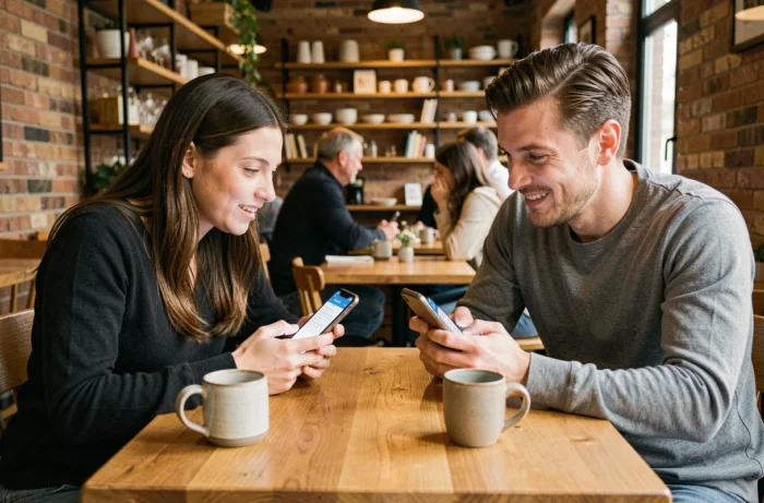 Deux personnes comparant des applications de covoiturage sur leurs smartphones dans un café