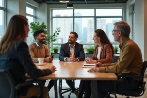 Réunion inclusive en entreprise avec des collègues de profils divers autour d'une table, dont une personne en fauteuil roulant participant activement aux échanges