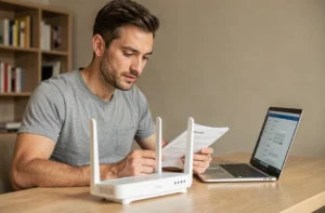 Homme configurant une Bbox Bouygues sur un bureau en bois dans un bureau à domicile moderne