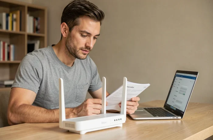 Homme configurant une Bbox Bouygues sur un bureau en bois dans un bureau à domicile moderne