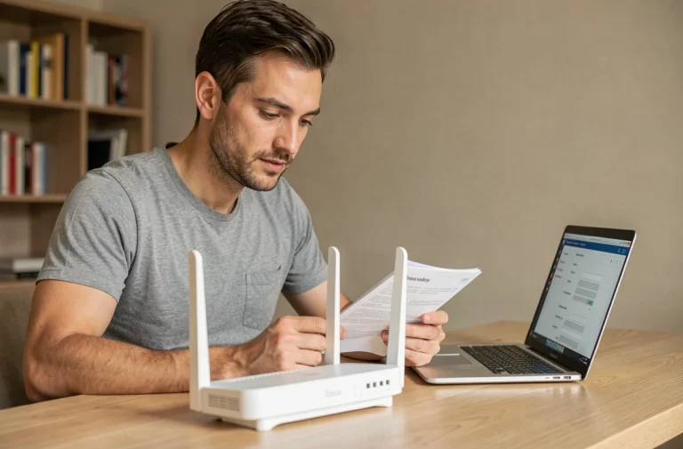 Homme configurant une Bbox Bouygues sur un bureau en bois dans un bureau à domicile moderne