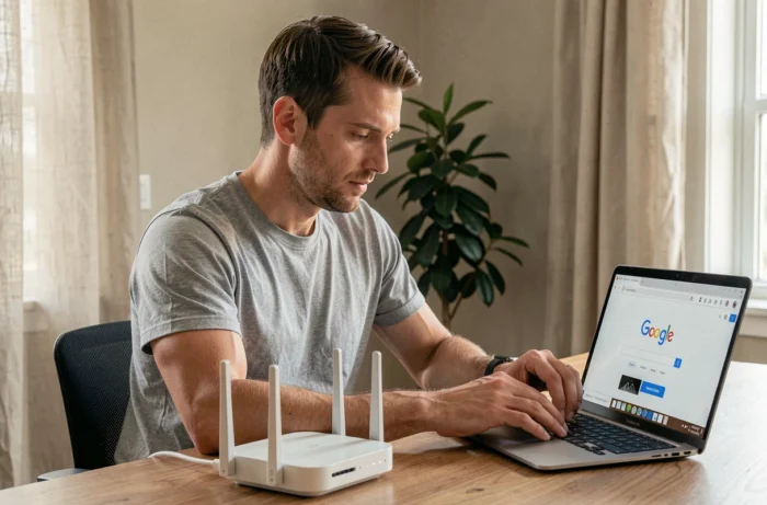 Homme configurant sa Freebox Pop avec Google sur un bureau en bois à domicile