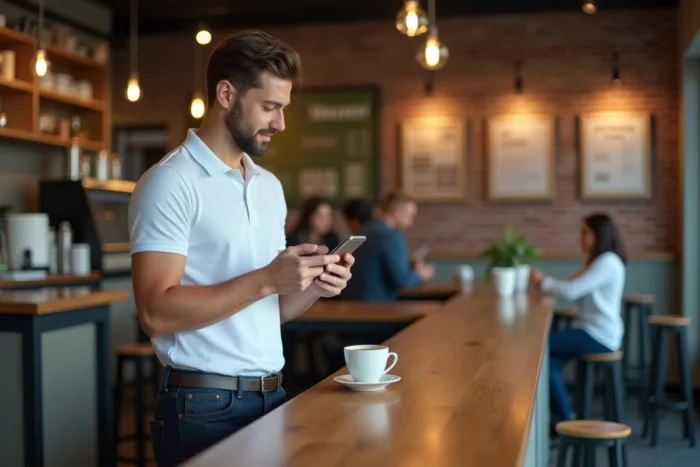 Jeune professionnel se connectant à son compte Arkevia sur smartphone dans un café urbain