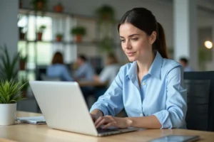 Femme professionnelle se connectant à son compte Arkevia sur un ordinateur portable dans un bureau moderne