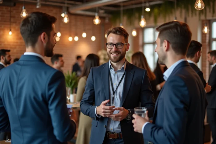 Homme établissant des contacts professionnels locaux lors d'un événement de networking à l'étranger