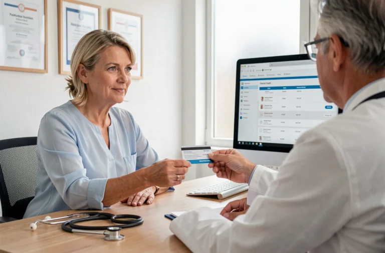 Femme remettant sa carte d'assurance maladie à un médecin généraliste dans un cabinet médical belge moderne