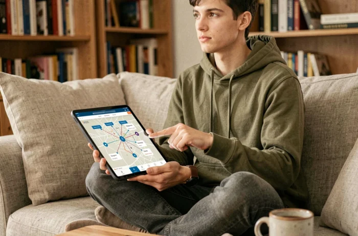 Jeune personne consultant un plan de site interactif sur une tablette depuis un canapé confortable