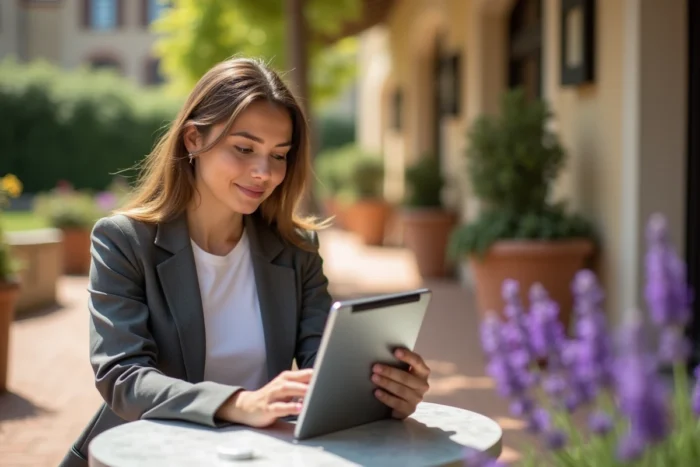 Femme consultant sa messagerie universitaire AMU sur une tablette en terrasse du campus marseillais