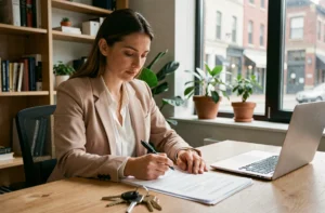 Femme consultant un contrat de location immobilière à son bureau avec des clés et un ordinateur portable