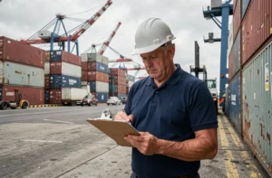 Coordinateur logistique en tenue de sécurité inspectant des documents sur un quai portuaire industriel avec des conteneurs maritimes en arrière-plan