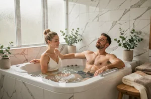 Couple se relaxant ensemble dans une baignoire balnéo 2 places avec jets d'hydromassage dans une salle de bain en marbre blanc
