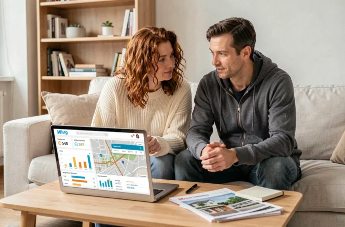 Couple consultant un comparateur immobilier BIMVUP sur ordinateur portable pour choisir leur future adresse