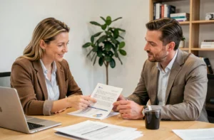 Couple consultant un conseiller bancaire pour un crédit immobilier à Pézenas, examinant des documents de prêt sur un bureau en bois dans une agence moderne