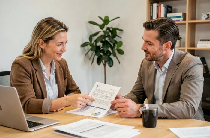 Couple consultant un conseiller bancaire pour un crédit immobilier à Pézenas, examinant des documents de prêt sur un bureau en bois dans une agence moderne