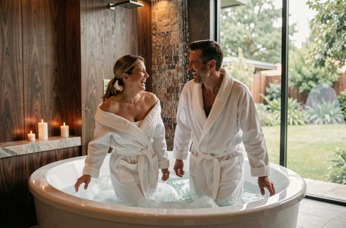 Couple en peignoir blanc s'apprêtant à profiter d'une baignoire balnéo 2 personnes dans un spa d'hôtel de luxe