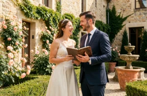 Couple de mariés souriant dans un jardin de château français en tenant un carnet de planification de mariage en cuir
