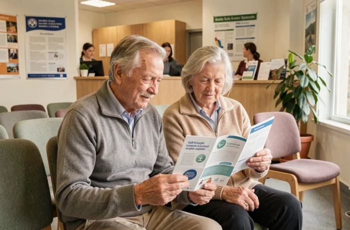 Couple de personnes âgées consultant une brochure sur les services de santé dans une salle d'attente d'un centre de santé belge
