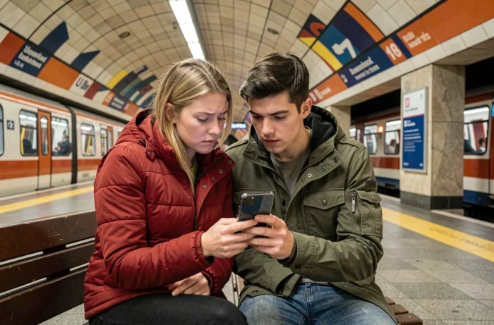 Couple de touristes consultant une application de métro sur le quai de la station Alexanderplatz à Berlin