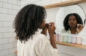 Femme aux cheveux bouclés naturels appliquant une crème coiffante clean dans une salle de bain minimaliste