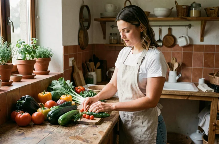 Femme préparant des légumes frais de saison dans une cuisine naturelle et authentique, illustrant une alimentation saine et durable au quotidien