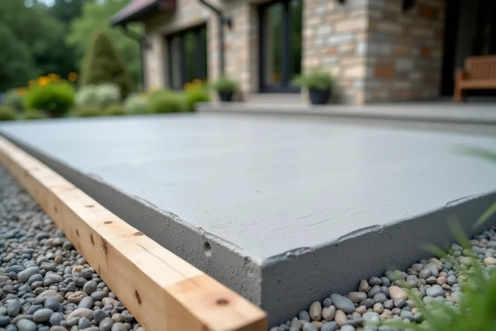 Dalle de béton fraîchement coulée pour une terrasse extérieure avec couche de gravier drainant et coffrage en bois
